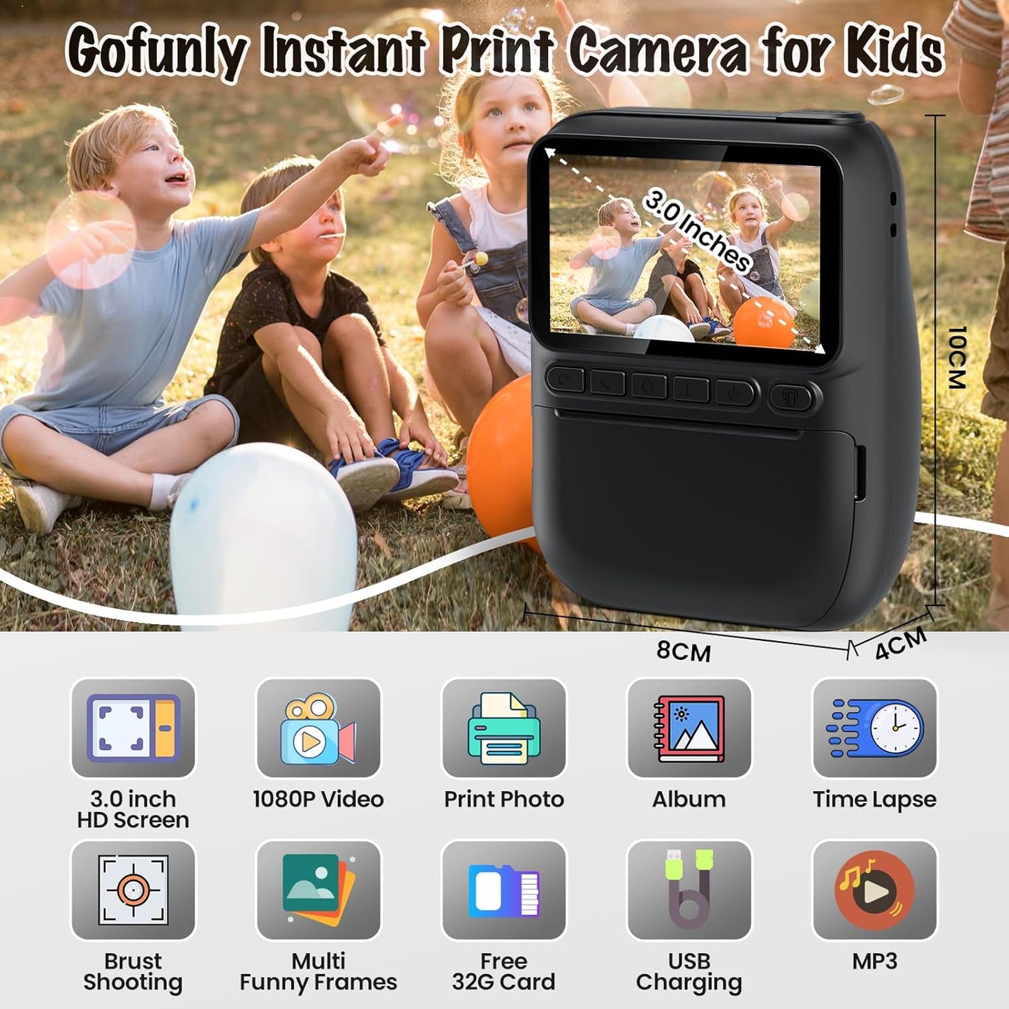 Instant Print Camera for Kids, 3.0" HD 1080P Digital Video Cameras with 3 Rolls of Printer Paper for Toddler, Birthday Gifts Toy for Girls Boys with 32GB SD Card (3.0 Style, Black)