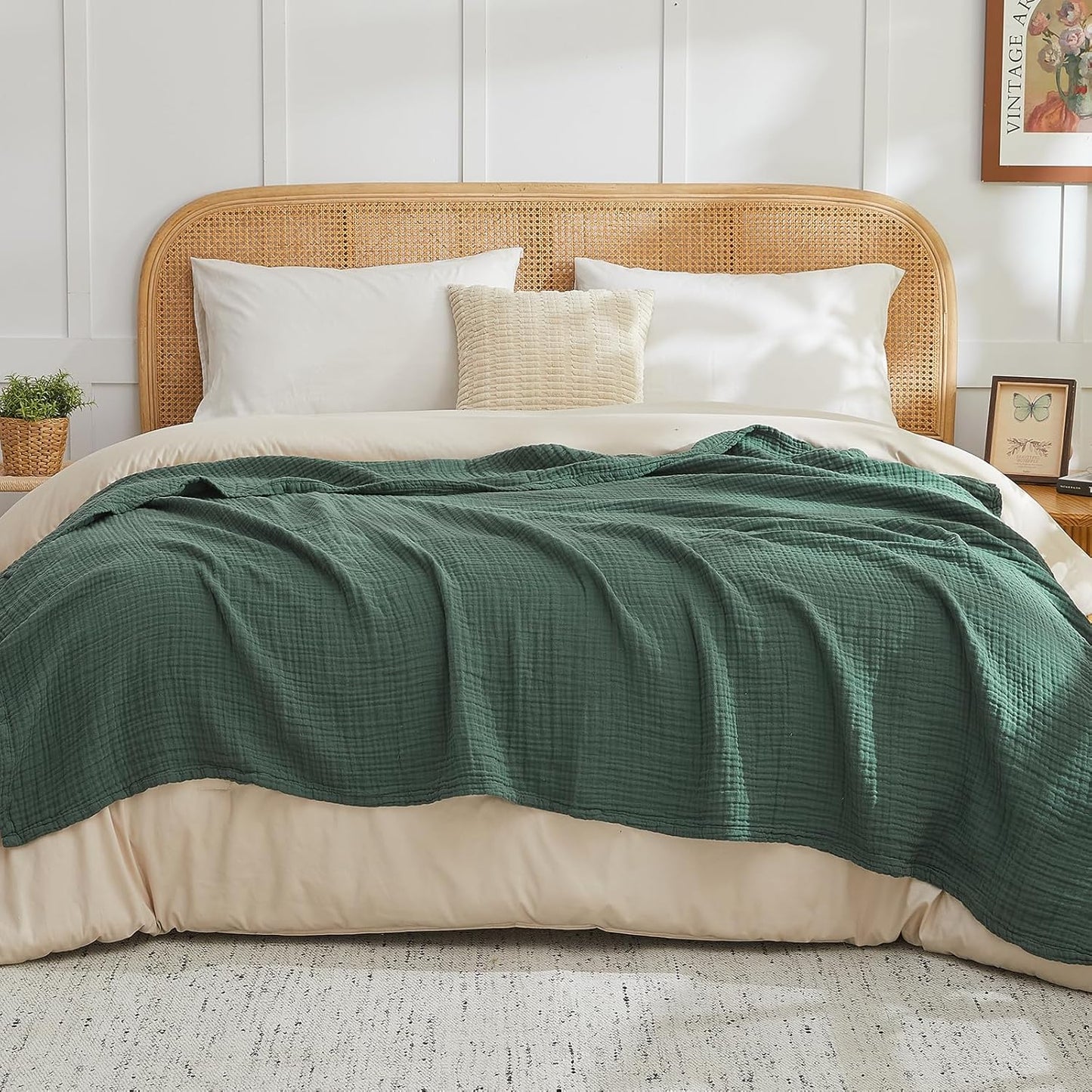 EMME Cotton Muslin Twin Blanket Breathable Gauze Blanket Soft Lightweight Blankets Adults Gifts for Women (Forest Green, 60"x80")