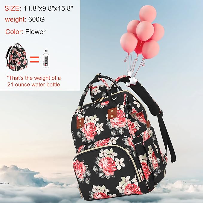 Diaper Bag Backpack Multi-Function Baby Bag With Large Capacity and Insulated Pockets Diaper Backpack Organizer Bag for Mom/Dad, Flower