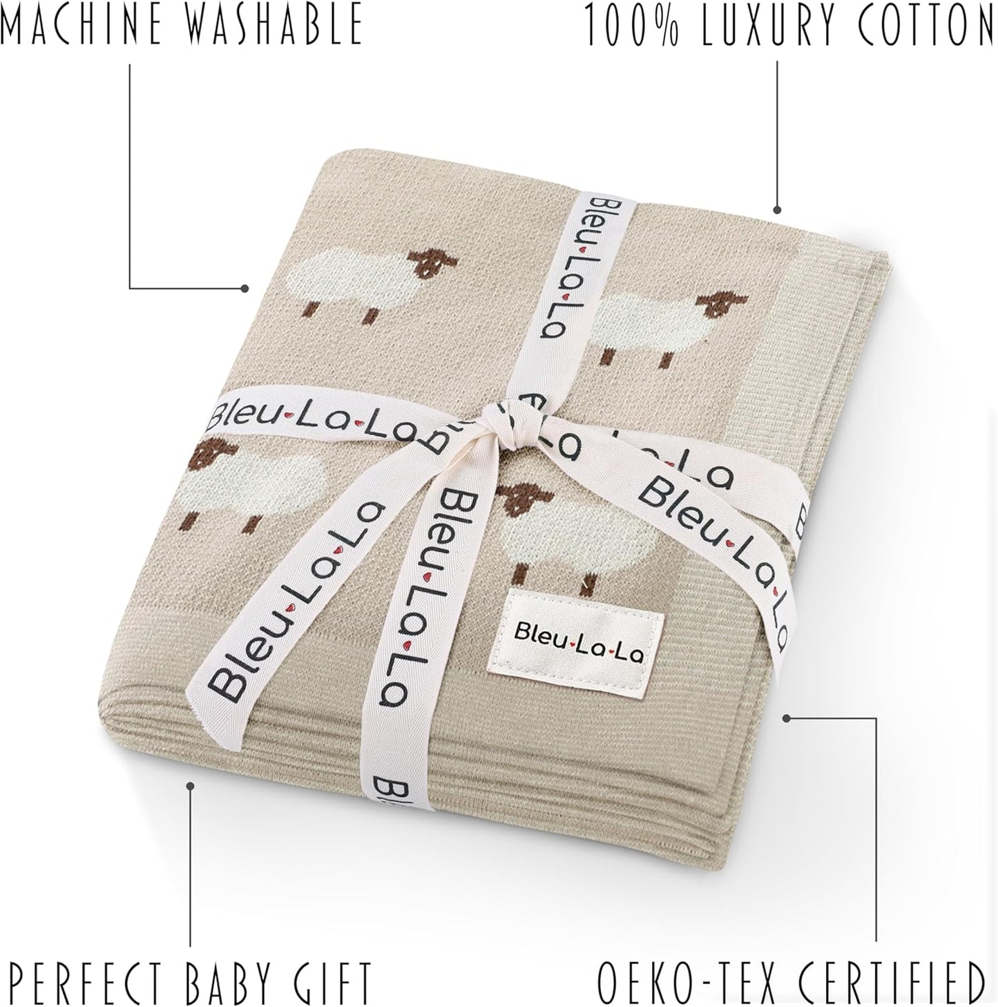 Baby Swaddle Blanket - 100% Luxury Cotton Knit Soft Cozy Lightweight Unisex Receiving Crib Stroller Quilt Blanket for Shower Gift Registry for Newborns Infants Toddlers (Sheep - Khaki)