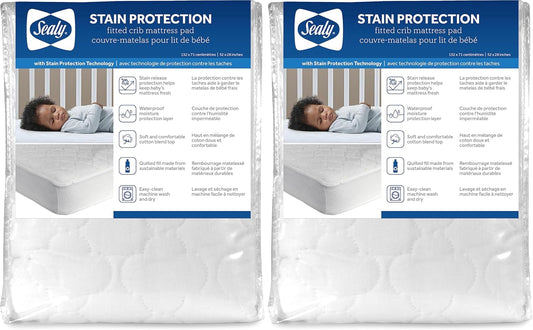 Sealy Baby Stain Protection Fitted Waterproof Infant Crib Mattress Protector Pad and Toddler Bed Cover, Durable and Comfortable Topper, Machine Washable and Dryer Friendly, 52” x 28”- White