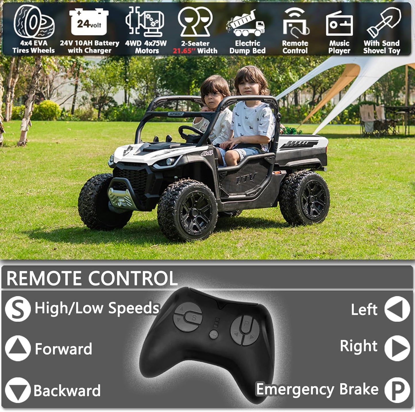 sopbost 24V 10Ah 2 Seater Ride On Car with Remote Control Battery Powered Ride On Toy Electric Kids UTV with Large Dump Bed, 4x75W Motors, White & Black