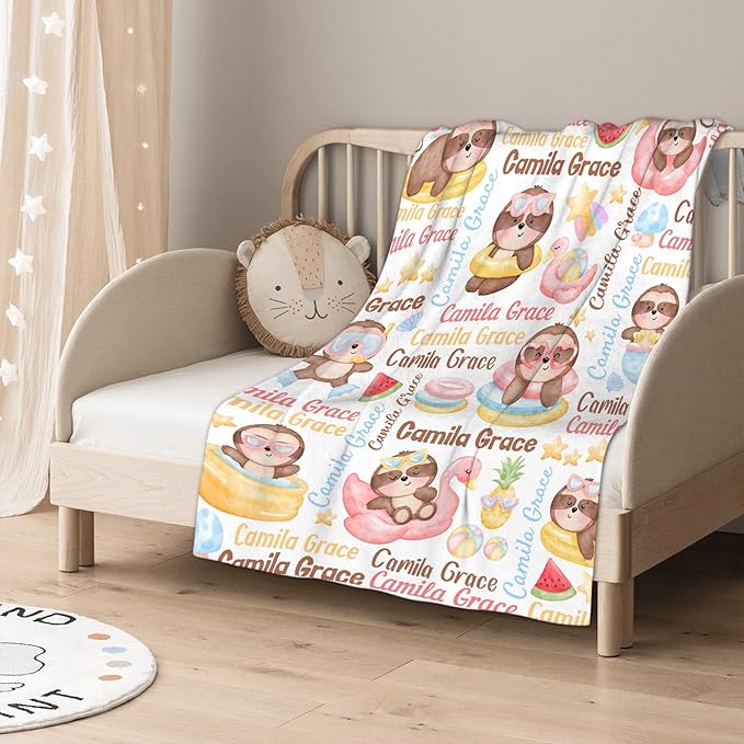Personalized Baby Blanket for Girls Boys Kids Sloth Custom Baby Blanket with Name Throw Birthday Gift for Toddlers Infants Shower Newborns Nursery Stroller Crib Bed Decor