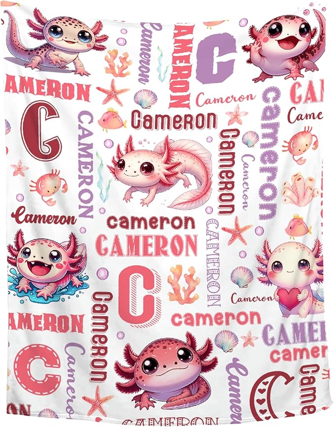 Personalized Baby Blanket for Girls Boys Kids Axolotls Custom Baby Blanket with Name Throw Birthday Gift for Toddlers Infants Shower Newborns Nursery Stroller Crib Bed Decor