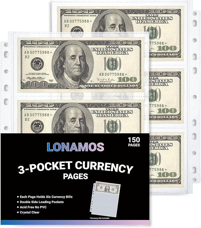 150-Sheets Double-Side 3-Pocket Currency Pages - 11 Holes for Currency Binder, 900 Pockets Paper Money Collection Pages for Dollar Bills, Banknotes and Coupons, Currency Sleeves Collecting Album Pages