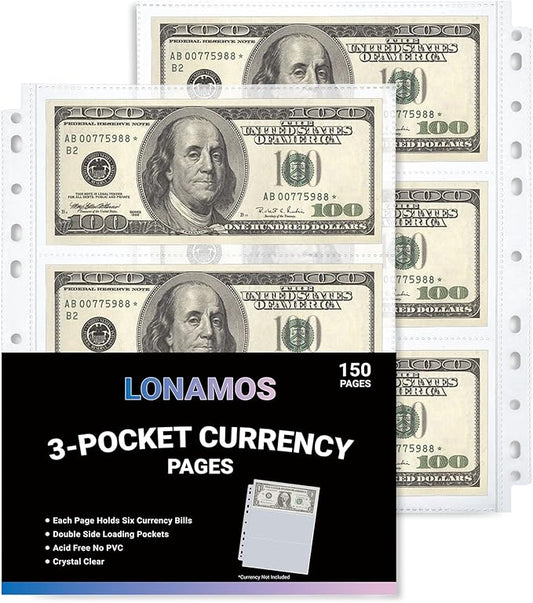150-Sheets Double-Side 3-Pocket Currency Pages - 11 Holes for Currency Binder, 900 Pockets Paper Money Collection Pages for Dollar Bills, Banknotes and Coupons, Currency Sleeves Collecting Album Pages