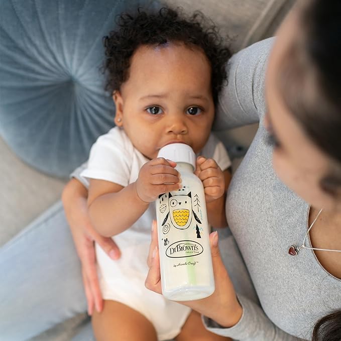 Dr. Brown's Natural Flow Anti-Colic Options+ Narrow Baby Bottle, Bear & Owl, 8 oz/250 mL, with Level 1 Slow Flow Nipple, BPA Free, 0m+, 2-Pack