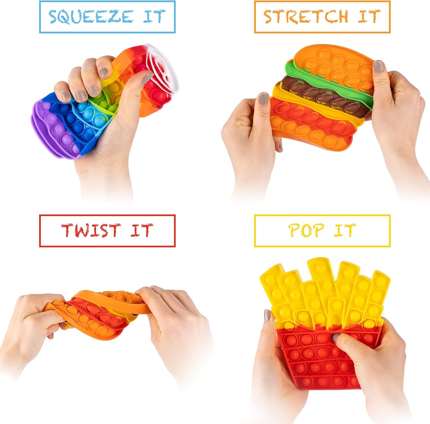 Pop Its Fidget Toys Pack 4 - Stress Relief Food Pop Its Poppers Fidget Poppet Toy - Autism Learning French Fry Pizza Hamburger Popits Push Pop Bubble Popping Sensory Toy for Kids