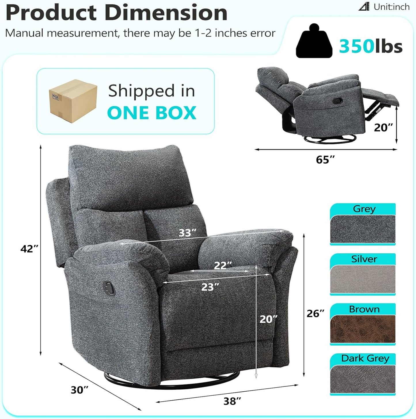 ANJ Swivel Rocker Recliner Chair Nursery, Manual Fabric Small Rocking Recliner, Modern Rocking Reclining Chairs for Living Room, Bedroom, Small Space (Gray)