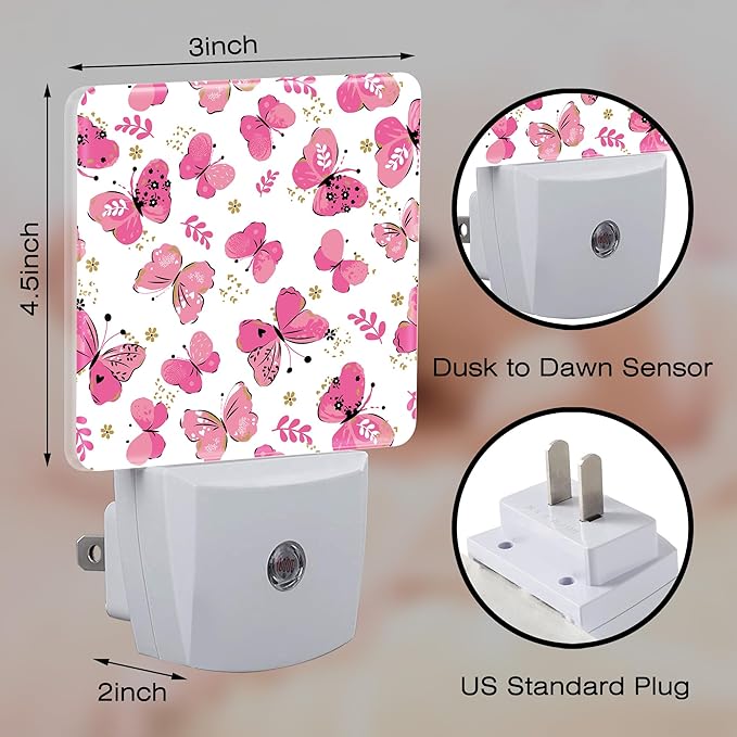 Cute Girl Butterfly Night Light, Watercolor Pink Butterflies Floral Dusk to Dawn Night Light Plug in,0.5w Energy Saving Sleep Friendly NightLight for Kids Boys Girls Home Decor