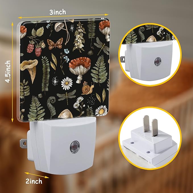 Night Light,Vintage Woodland Mushroom Plug-in Night Light Auto Dusk-to-Dawn Sensor Fern Moth Dragonfly Energy Efficient LED Lamp for Room Decor,Hallway,Kitchen,Bathroom,Nursery,Stairs