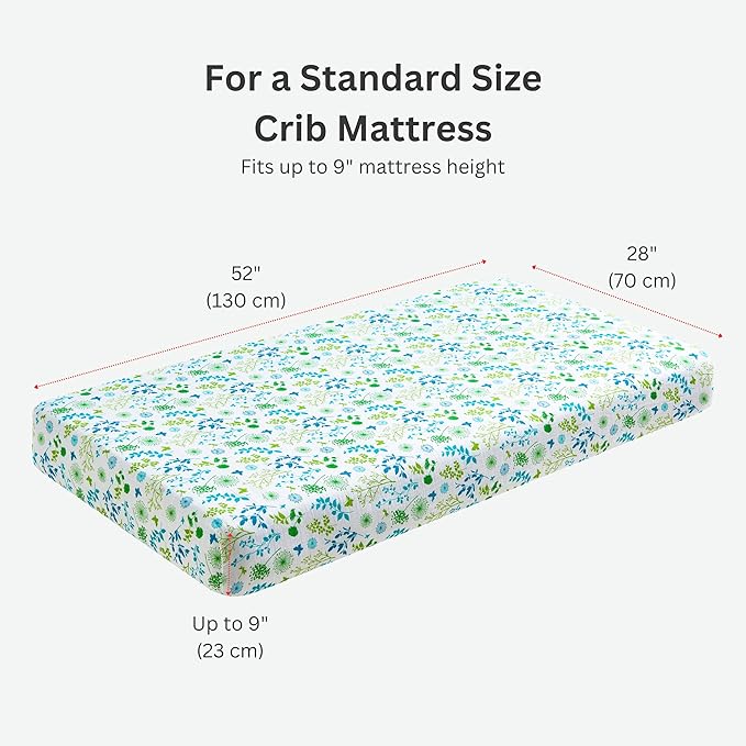 Margaux & May Organic Muslin Cotton Baby Crib Sheet, Meadow Print, Fitted, Breathable, Toddler Bedding, 52 x 28, Deep Pocket, Organic Crib Sheets for Cozy Sleep
