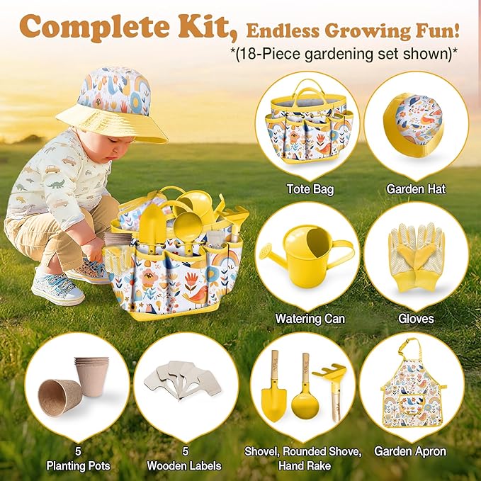 Kids Gardening Tool Set 18PCS Kids Toddler Gardening Set Includes Tote Bag Watering Can Apron Hat Rake Shovel Spoon Gloves Plant Pots and Labels, Outdoor Toys Gift for Boys Girls (Yellow)