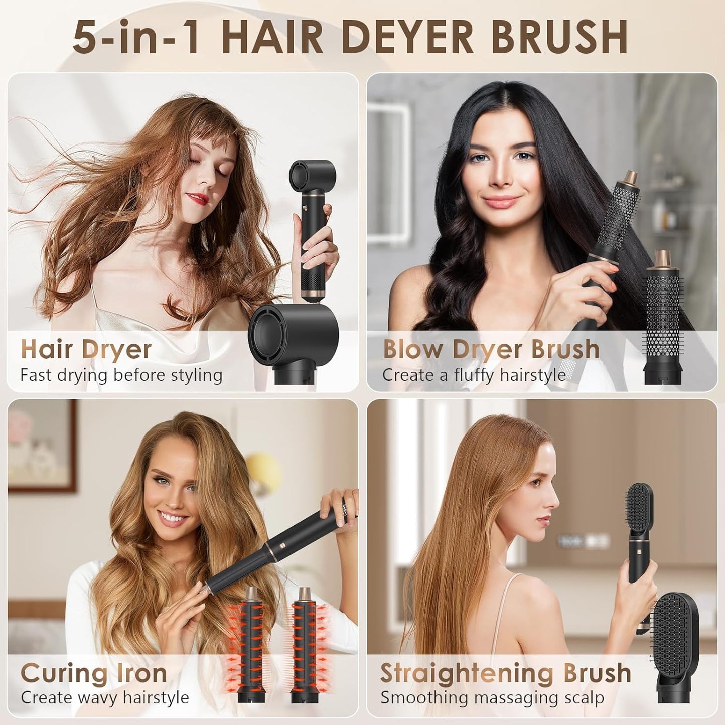 Blow Dryer Brush 5 in 1, Multi Ionic Hair Dryer Brush Set, Auto Air Wrap Hair Styler with 3 Temperature, Powerful Hair Styling Tools Set for Fast Drying, Curling, Straightening & Smoothing
