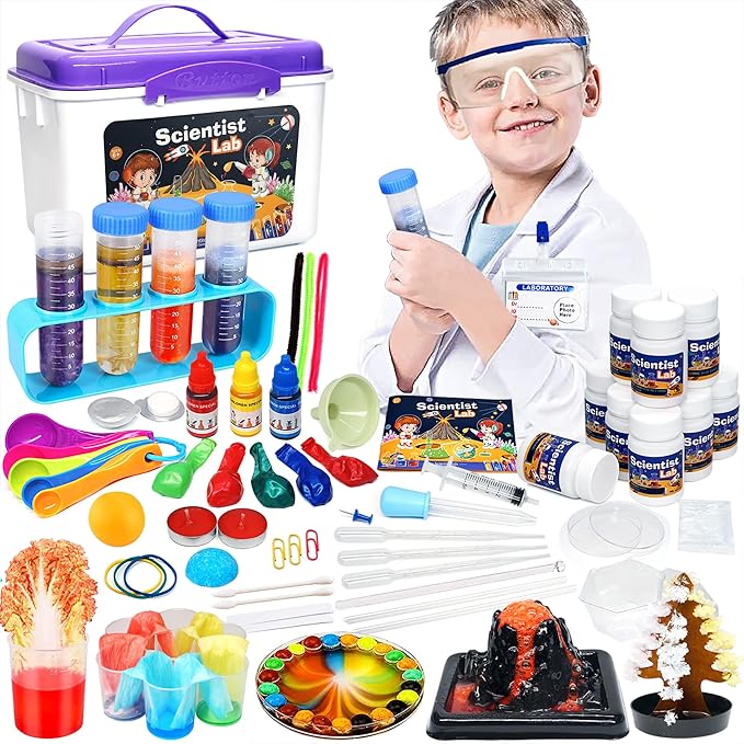 Educational Science Kit for Kids - 56 Science Lab Experiments with Lab Coat Scientist Costume, Science Kits for Kids Age 6-8-10-12, 70+ PCS DIY Stem Projects, Educational Toys for Girls Boys