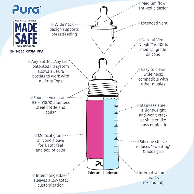 Pura Kiki 9oz/275ml Stainless Steel Infant Bottle w/Sleeve, Anti-Colic, 100% Plastic-Free, MadeSafe Certified, Medical-Grade Silicone, Medium-Flow Nipple, for Babies 3 Months & Up (Rose)
