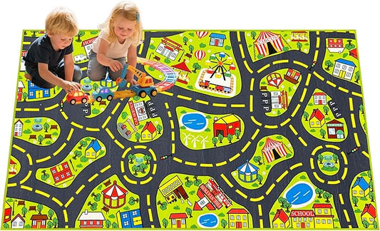 Car Rug 2.6x5 Feet, Car Mat for Kids Race Track Rug Road Play Mat with Roads City Map Design