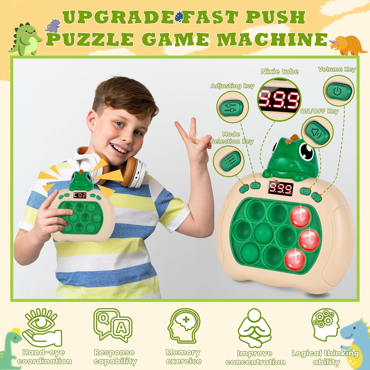 Upgraded Fast Quick Game Pop Bubble Up Toys for Kids, Funny Toys with LED Screen for Kids 3-12 for Girls and Boys Bubble Stress,Handheld Puzzle Game Sensory Toys(Batteries Included) (Green Dinosaur)