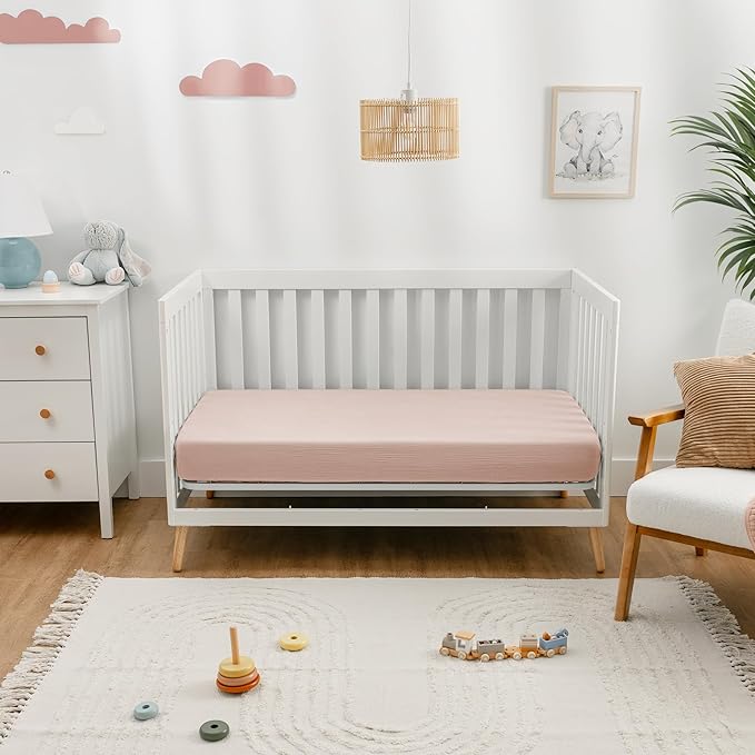 Comfy Cubs 100% Muslin Cotton Fitted Crib Sheet - Soft, Standard & Breathable Crib Sheets for Toddler Mattress - Snug Fit, Secure Elastic with Beautiful Packaging for Boys & Girls - Blush