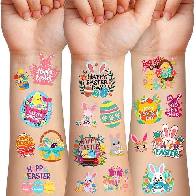 117 PCS Easter Temporary Tattoos, Rabbit Colored Egg Chicks Carrot Water Transfer Stickers for Kids Boys and Girls Birthday Party Favors, Children Easter Basket Stuffers