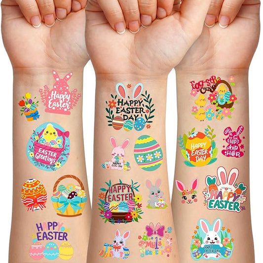 117 PCS Easter Temporary Tattoos, Rabbit Colored Egg Chicks Carrot Water Transfer Stickers for Kids Boys and Girls Birthday Party Favors, Children Easter Basket Stuffers