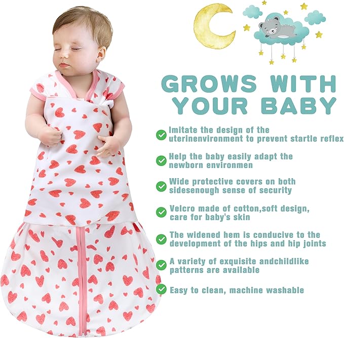 Newborn Sleep Sack Baby Swaddle,Swaddle me 3-6 Month,3-Way Adjustable Wearable Blanket,100% Rayon Cotton Swaddling Sleeping Bag，TOG 0.5 (Love, 3-6 Months)