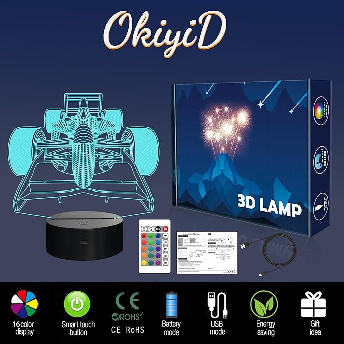 F1 Gifts for Boys Men, Formula 1 Racing Car 3D Illusion lamp Roadster Night Light for Kids Boys Bedroom Decor,16 Colors Changing Lighting Lamp with Remote Control