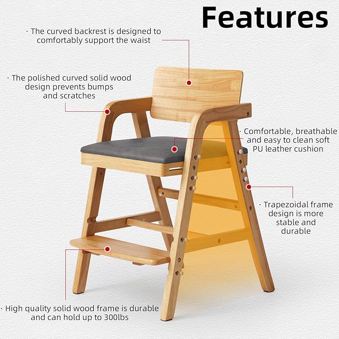 Solid Wood High Chair for Babies&Toddlers, Baby Highchair, Adjustable HighChair for Babies/Toddlers with Removable Cushion, Children Kids Dining Chair, Teens Study Chair with Steps (Natural)