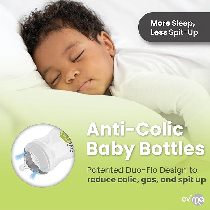 Avima Baby 9 oz Anti Colic Baby Bottles for Breastfed Babies - Medium Flow Nipples, Wide Neck Bottle, BPA Free - 3-6 Months, Stage 2 (Set of 3) Blue Baby Bottle - Elephants