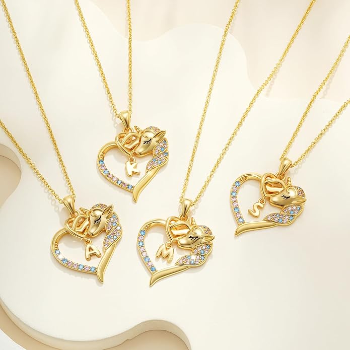 Unicorn Necklaces for Teen Girls Kids - Colorful CZ 18K Gold Plated Heart Initial Necklaces for Women Gold Jewelry Birthday Unicorn Gifts for Girls 6-8 Women