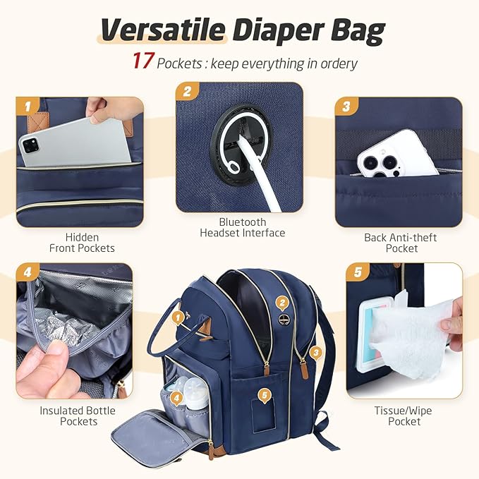 Diaper Bag Backpack - Extra Large Diaper Bag for 2 Kids Twin, Travel Baby Bags for Mom Dad 25-37L Expandable with Changing Pad Earphone Hole, Solid Blue