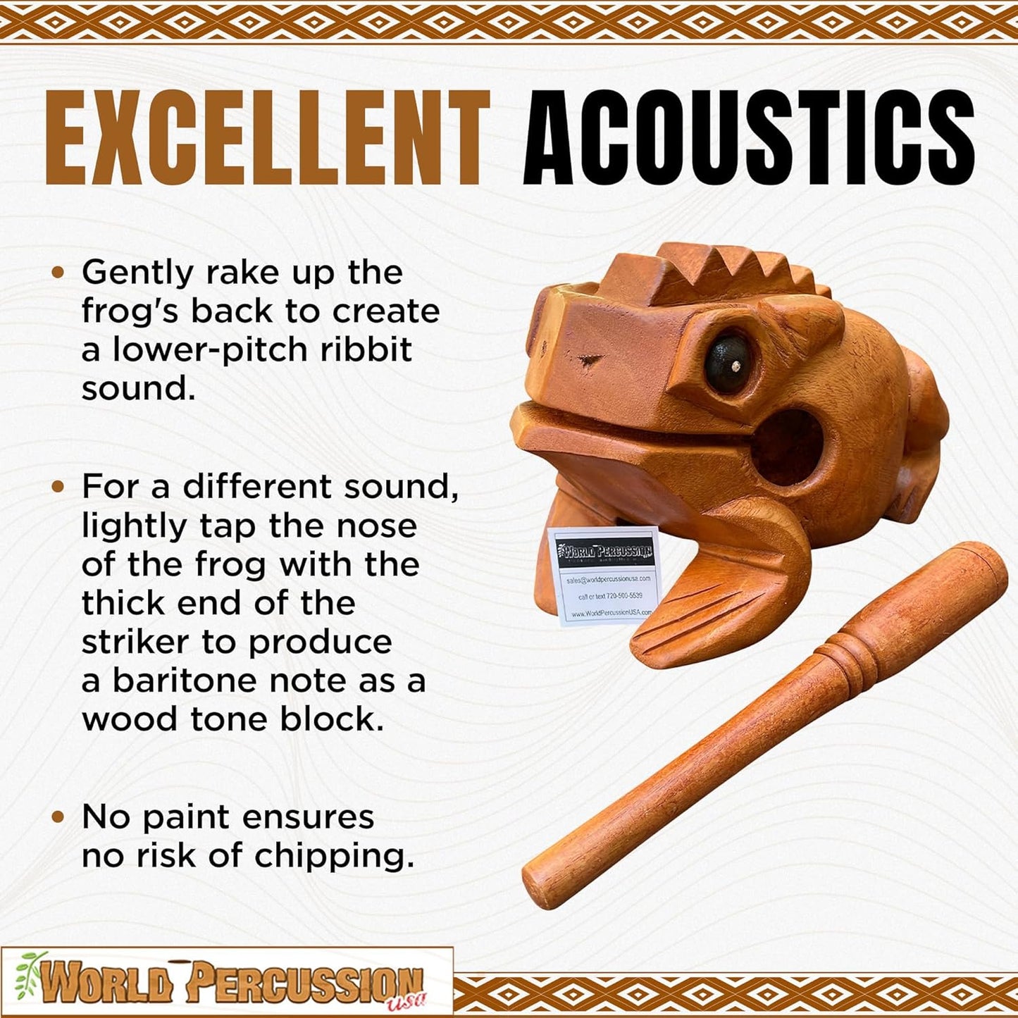 Deluxe Extra-Large 8" Wood Frog Guiro Rasp - Percussion Musical Instrument Tone Block - Wooden Instrument with Stick, Noise Maker by World Percussion USA