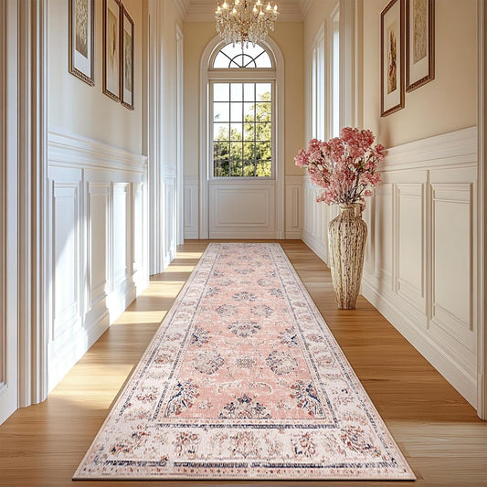 jinchan Long Hallway Runner Rug 2x12 Machine Washable Runner Rug Pink Vintage Floral Design Non-Slip Ultra-Thin for Kitchen Laundry Room Bedroom Farmhouse (2‘x12',Pink)