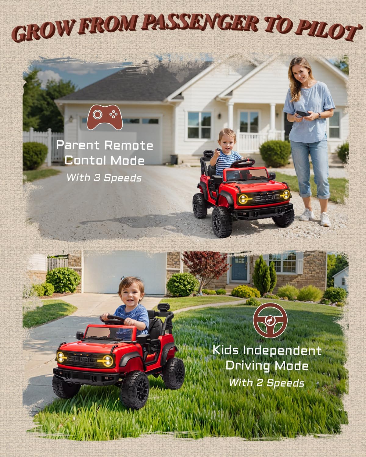 Ford Bronco Raptor Licensed 12V Ride on Toys, Kids Ride on Car with Remote Control, Electric Car for Toddler with Smooth Start, Openable Doors, MP3 Player, 3 Speeds (12V, Red)