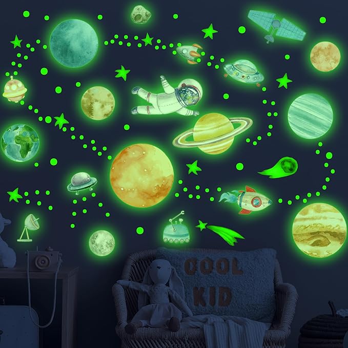 Watercolor Solar System Wall Decals, Glow in The Dark Stars, Kids Planets Sticker for Ceiling, Astronaut Wall Stickers for Bedroom, Green