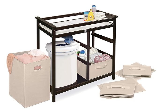 Badger Basket Modern Baby Changing Table for Nursery - Diaper Changing Station with Laundry Hamper, 3 Storage Drawers, Changing Pad, and Safety Belt - Espresso and Ecru