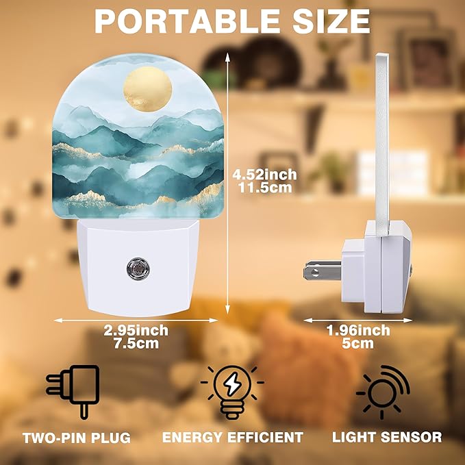 Night Lights Plug into Wall Abstract Mountains and Sun Night Light Dusk to Dawn Smart Sensor Decorative Round Led Lamp for Bedroom Kitchen Hallway Nightlight for Women Men