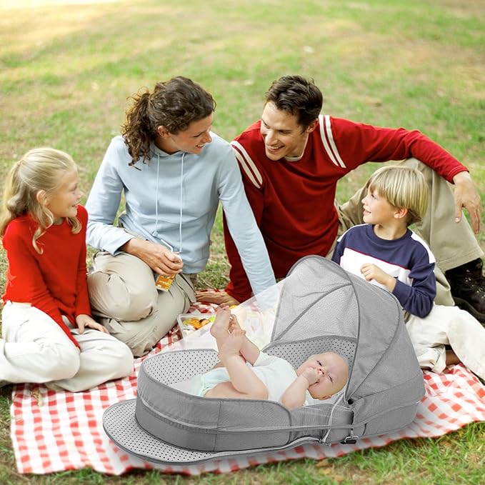 Baby Travel Bassinet Portable Bassinets, Foldable Carry Bag Bassinet Travel Crib, Lightweight Baby Lounger Pod Infant Bed with 2-1 Mosquito & Canopy (Grey)