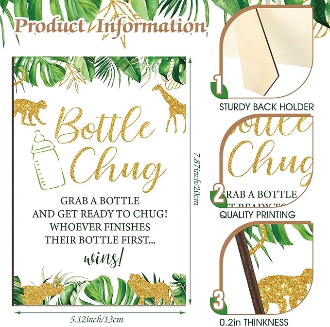 TrelaCo Safari Cool Baby Shower Games Bottle Chug Sign Wooden Jungle Animals Theme Gift Sets Gender Reveal Party Favors and 12 Pcs Baby Bottle Shower Favor for Games Gender Reveal