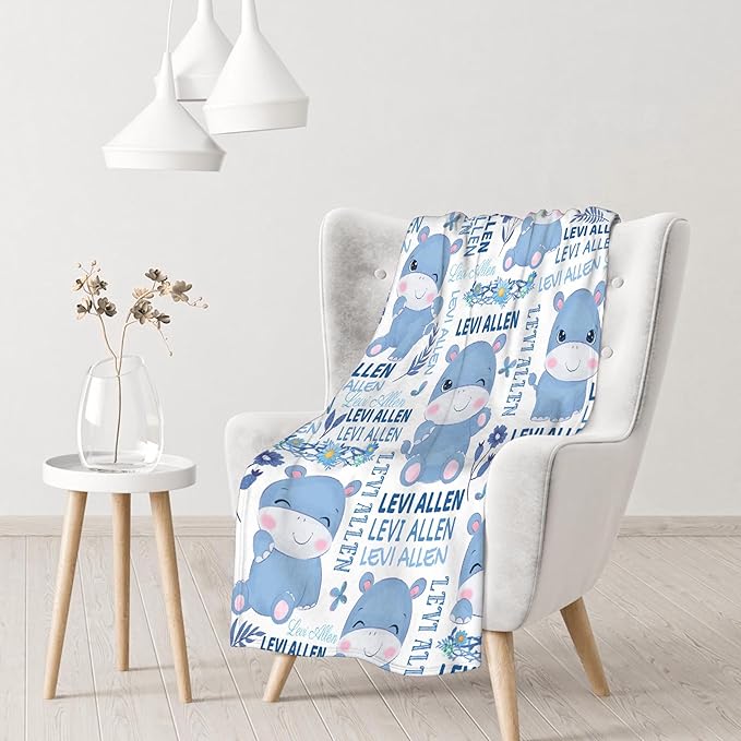 Personalized Baby Blanket for Girls Boys Kids Hippo Custom Baby Blanket with Name Throw Birthday Gift for Toddlers Infants Shower Newborns Nursery Stroller Crib Bed Decor