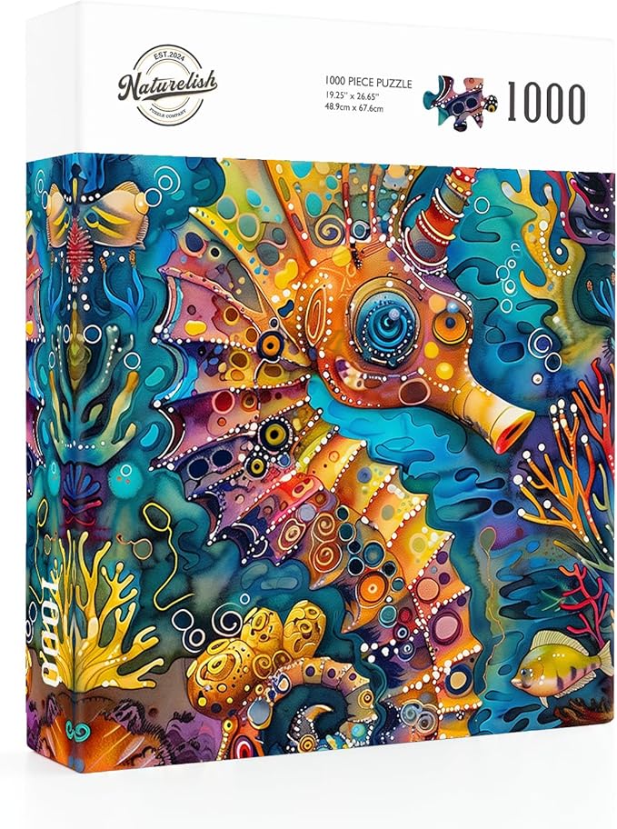 1000 Piece Jigsaw Puzzle for Adults - Vibrant Seahorse Design, 1000 Pieces Challenging & Colorful Art Puzzle for Adults, Color-Coded Back, Puzzle Gift-Ready 19.25 x 26.65 in