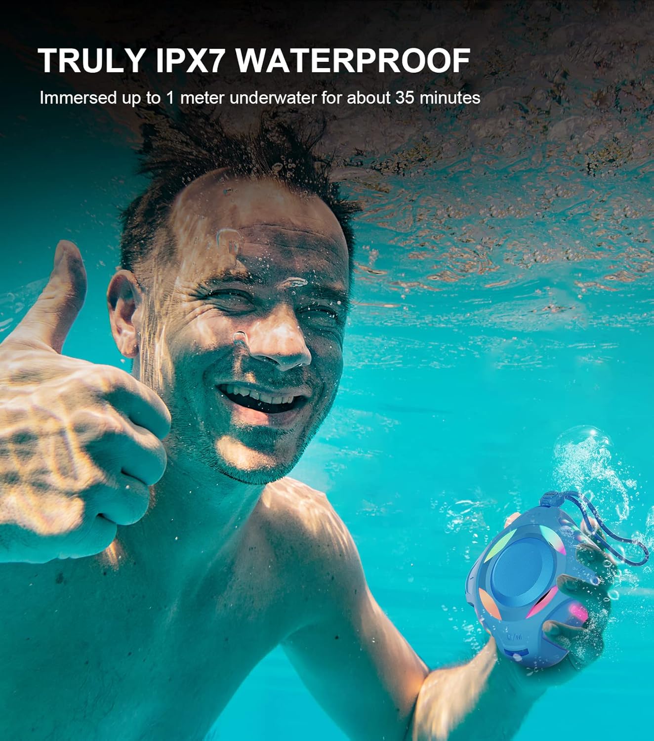 comiso Shower Bluetooth Speaker, IP67 Waterproof Speaker with LED Light, Portable Speakers with True Wireless Stereo, Floating, 2000mAh, Built-in-Mic, Ideal for Travel, Beach, Gifts for Unisex.