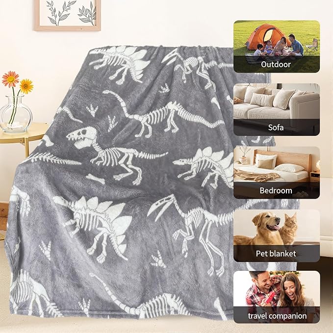TEHALK Dinosaur Glow in The Dark Blanket for Boys/Girls/Toddler/Baby, Dinosaur Toys for Boy Age 3-12, Cute Funny Kids Throw Blanket for Birthday/Gifts 40"x 60"