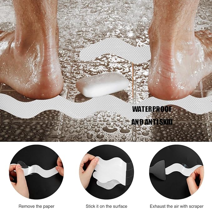 USA Patented Anti Slip Shower Stickers 24 PCS Safety Bathtub Strips Adhesive Decals with Premium Scraper for Bath Tub Shower Stairs Ladders Boats (White)