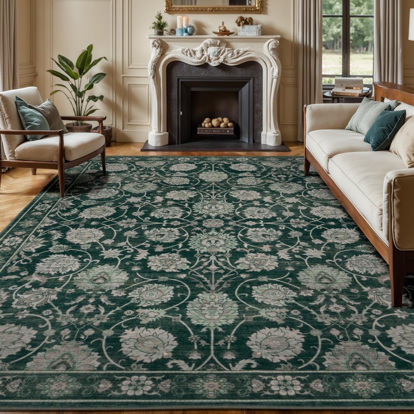 Floral 9x12 Area Rugs for Living Room, Washable Large Rug, Vintage Soft Carpet, Non Slip & Low Pile, Wool Carpets for Indoor Bedroom Dining Home Playroom Office Under Table, Dark Green