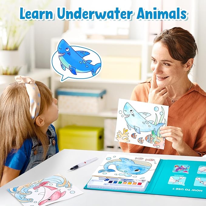 JoyCat Paint with Water Coloring Books for Toddlers, Watercolor Painting Sets for Kids Ages 3-5 4-8, Arts and Crafts Drawing Activities Toy Birthday Gift for Boys Girls (Sea Animals)