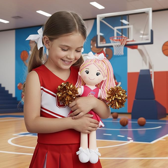 June Garden 14" Snuggle Cuties Cheerleader Sophie - Soft Cuddly Plush Doll Gift for Girls - Huggable Rag Doll - Pink M