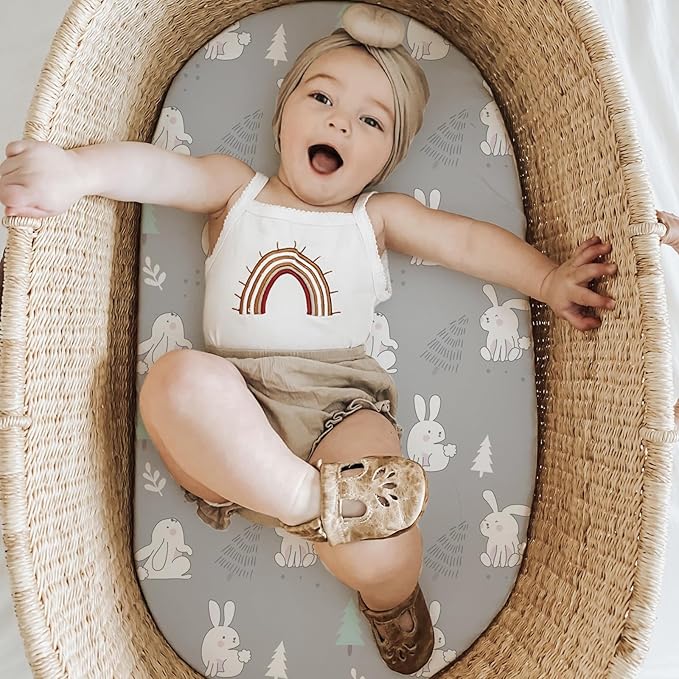 Stretch Fitted Bassinet Sheet Set BROLEX 2 Pack Cradle Sheets for Bassinet Pad/Mattress,Unisex Boys Girls,Ultra Soft,Pink-Bellied Rabbit