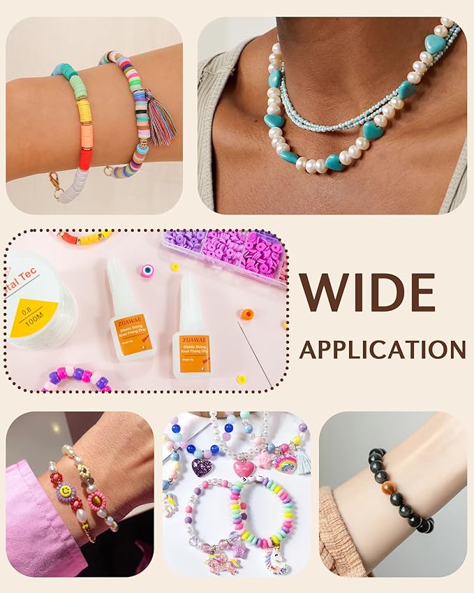 ZUAWAE Elastic String for Bracelets Making Kit, 0.8mm Clear Bracelet String, Jewelry Glue for Elastic String to Clay Beads, Jewelry Making Supplies