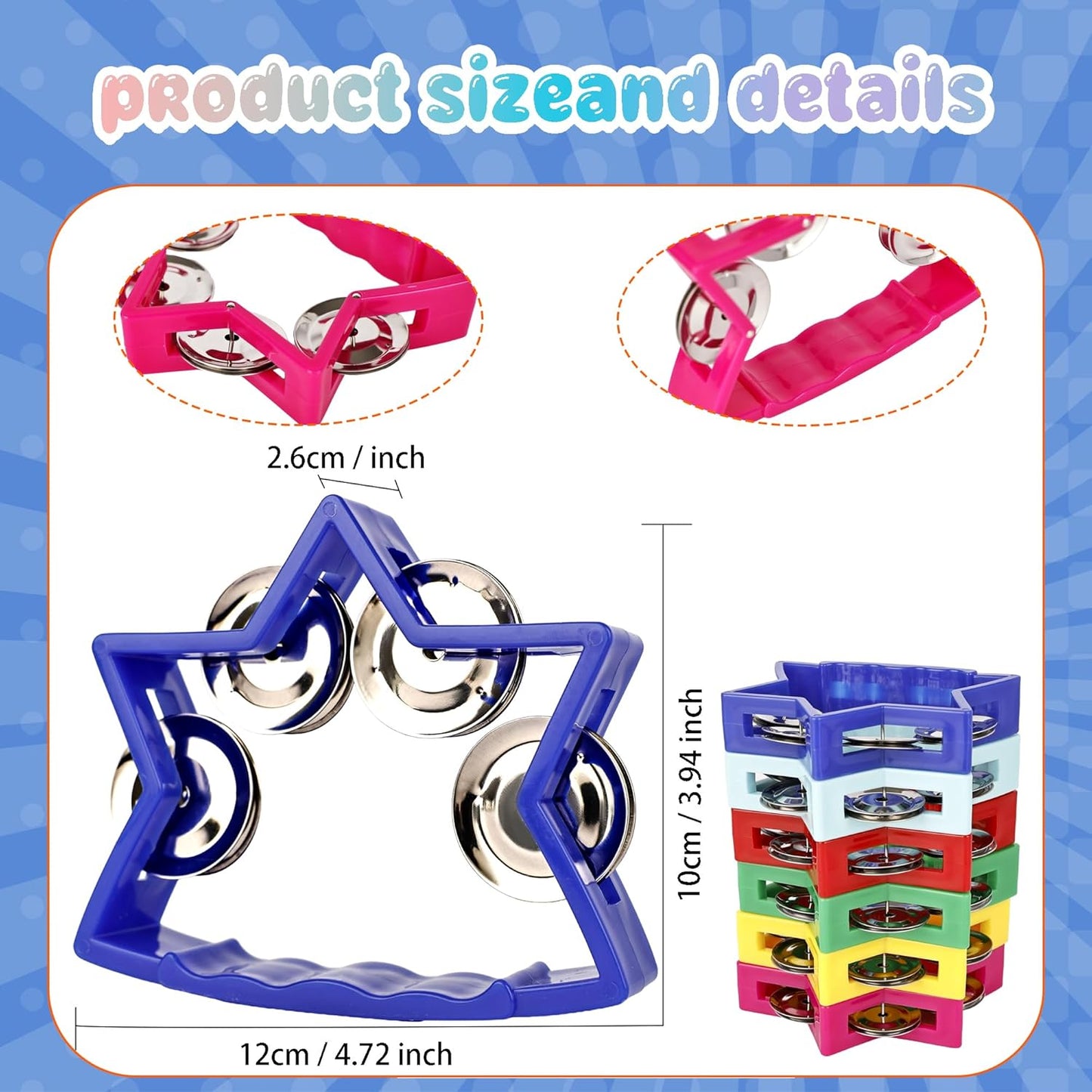 24 Pack Plastic Percussion Tambourine Colorful Star Shape Hand Tambourine Bells Noise Makers Tambourine for Musical Instruments School Concert